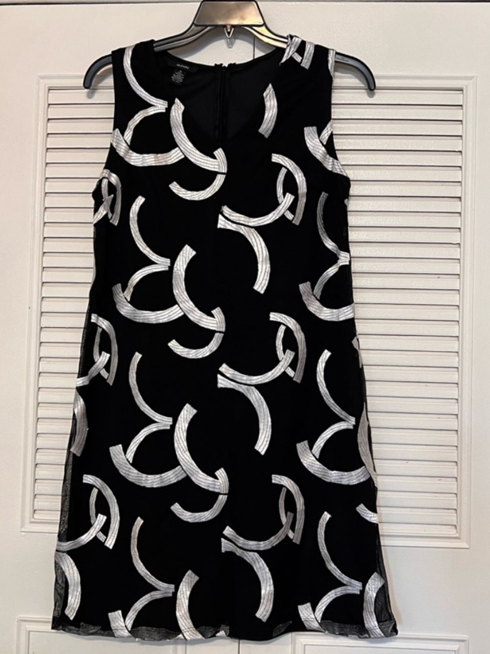 Alfani Black Mini Dress with Silver Crescent Print